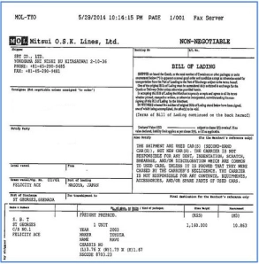 Véhicule expédié et connaissement émis