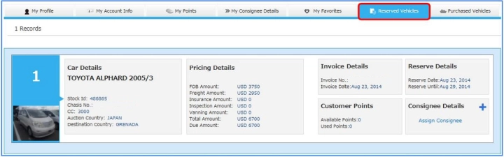 Cliquez sur Véhicules réservés
