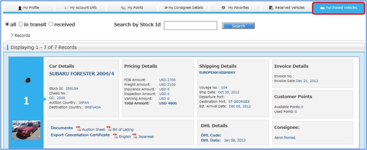 Cliquez sur Véhicules achetés