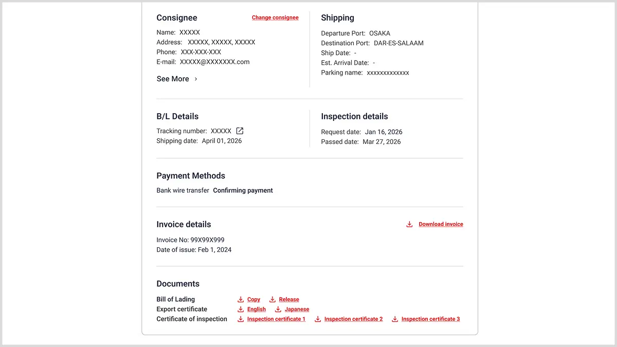 Image illustrant l'interface Ma Page pour le suivi de l'expédition du véhicule et le téléchargement des documents importants.
